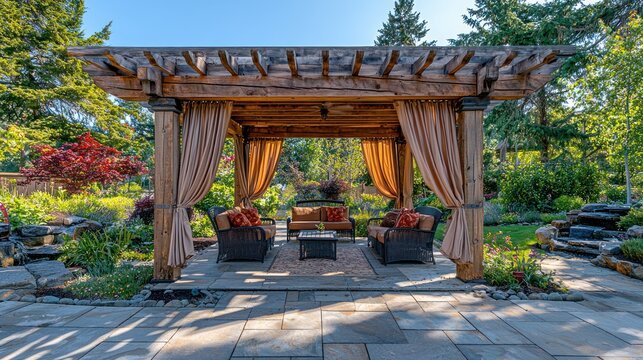 Rustic outdoor pergola with seating area