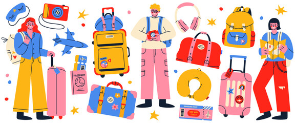 Trip by plane elements in funky doodle style. People travelling. Suitcases, tickets, passport, hand luggage and travel accessories.