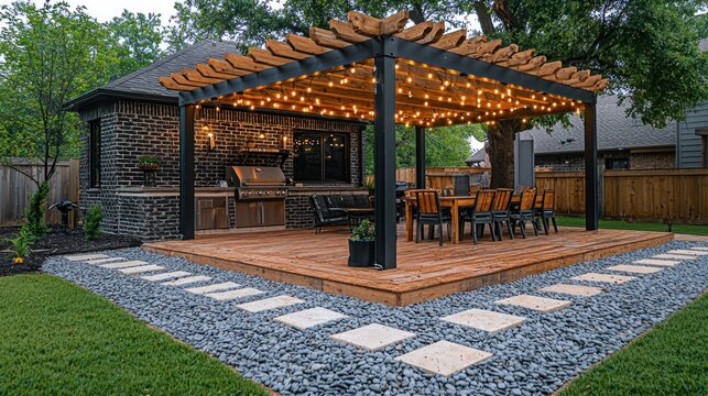 Outdoor entertaining space with pergola, grill, and dining area