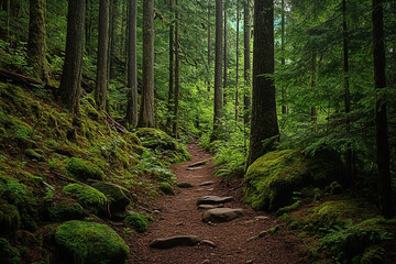 Obraz premium Tranquil Forest Trail: A Serene Pathway Through Emerald Verdant Woods