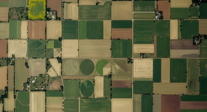 aerial view farmland fields agriculture patterns - Powered by Adobe