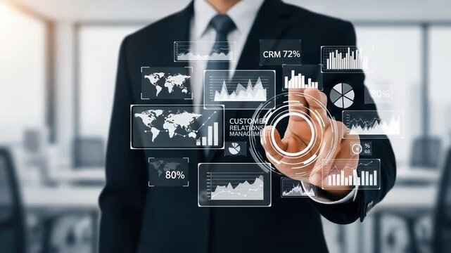 Businessman interacts with floating digital graphs Charts and world maps appear to project from a screen The future of data and business is here