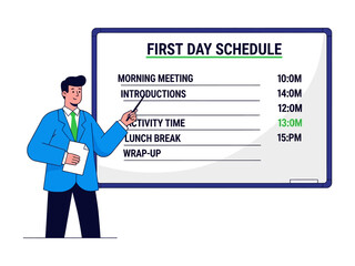 First Day Schedule Presentation: A sharply dressed individual, likely a professional, stands poised before a whiteboard that details the First Day Schedule for a meeting or event.