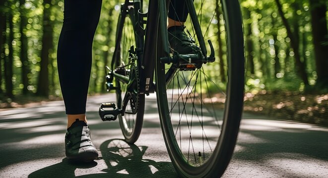 cyclist leg shoe bicycle forest road - Powered by Adobe