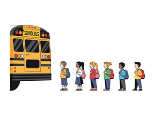 School bus arrival: A line of eager students wait patiently to board a yellow school bus. This illustration captures the anticipation and everyday scenes of youth education.