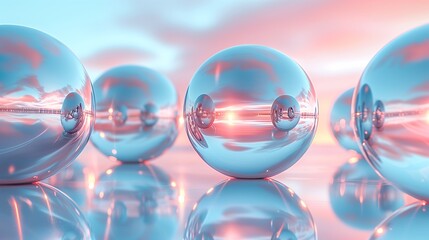 Dreamy spheres reflecting sunset hues create a modern, elegant abstract scene