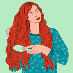 Young woman combs her long, wavy hair with a brush. Beautiful girl with red hair is grooming herself. Vector flat illustration of hair care. Woman wearing pullover on green background. Drawn by hand.