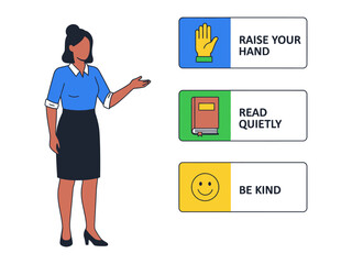 Classroom Guidance: An educator gestures toward three instructional signs, with directives to Raise Your Hand, Read Quietly, and Be Kind, conveying educational values.