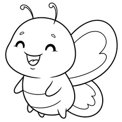 Cute smiling butterfly cartoon illustration. Black and white line art for a coloring book page. Adorable happy insect vector graphic for kids in a kawaii style.