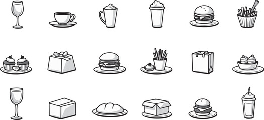 Fototapeta premium Silhouette set of Food & Beverage Industry icons of wine glasses, coffee cups, fast food, bakery items, and delivery packaging