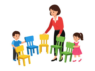 Kindergarten Classroom Scenario: A scene of a teacher interacting with children, organizing chairs in a vibrant classroom setting.