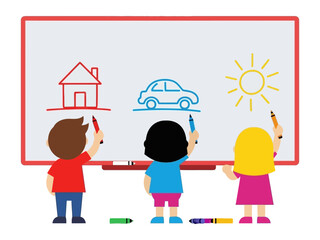 Creative Minds at Play: A vibrant illustration capturing the imaginative spirit of childhood as three children draw on a whiteboard, symbolizing early education, artistic expression.
