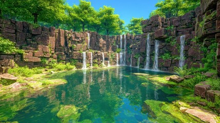 A tranquil waterfall cascading into a serene pool.