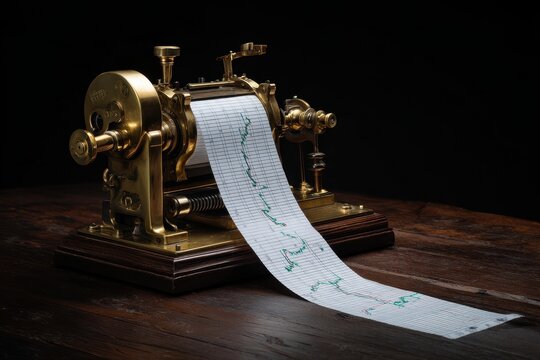 Antique telegraph machine prints a graph against dark background for historical use