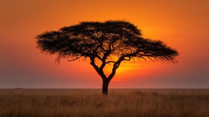 Obraz premium Acacia tree silhouette at sunrise in the savanna Landscape beauty of natural world