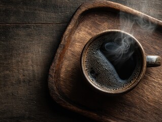 Obraz premium Warm freshly brewed black coffee in a ceramic cup on a rustic wooden table with steam rising