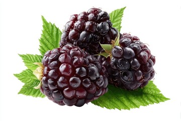 Close-up of three fresh blackberries nestled together on vibrant green leaves, isolated on white