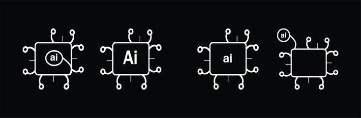 A set of four simple outline vector icons of a computer chip, each representing artificial intelligence. Ideal for technology and digital design projects.