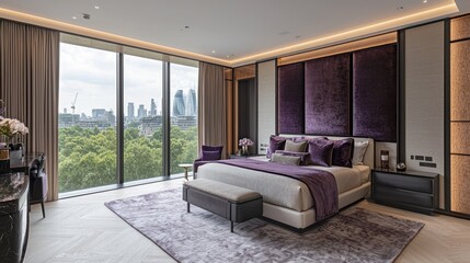 Luxurious penthouse bedroom with city views