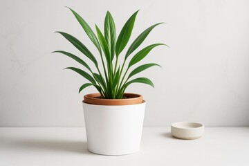 Obraz premium Minimalist plant in white flowerpot with terracotta inner pot on white table and light background for product mockup or branding display concept. Ai generative
