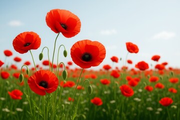 Fototapeta premium Bright red poppy flowers blooming in a green field under a clear blue sky with soft light and a blurred background for a calm nature concept. Ai generative