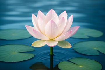 Beautiful pink lotus flower with water droplets floating on lily pads in calm blue water, peaceful botanical scene with soft natural light. Ai generative