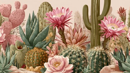 Fototapeta premium Beautiful Cactus Flower Illustration in Desert Landscape | Succulent and Botanical Art