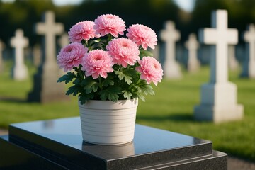 Pink chrysanthemum flowers in white pot placed on gravestone with soft sunlight and blurred cemetery background for remembrance concept. Ai generative