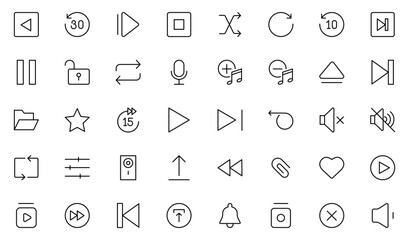 Media Control Line Icon Set. A program, movie, and other visual media product featuring moving images. Vector illustration. editable stroke