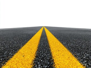 Two bright yellow lines divide a dark gray asphalt road stretching to a white background