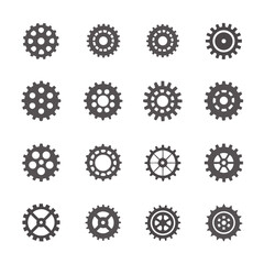 Collection of Sixteen Gears, Cogwheels, Mechanical Parts Gray Flat Icons Isolated