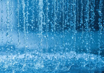 A close-up captures cascading water droplets, forming a textured, translucent curtain against a blurred background. The droplets strike the surface, creating splashes