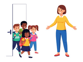 School Arrival: A welcoming school environment featuring students arriving through a doorway, greeted by a friendly instructor, embodies the joy of education.