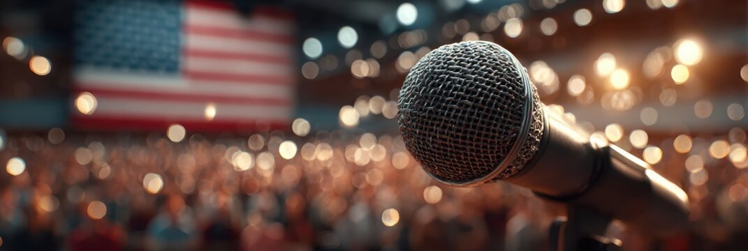 Close-up view of a microphone at a crowded event with an American flag backdrop during a meaningful speech