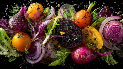 Colorful fresh vegetable assortment with cherry tomatoes purple onions and sliced beetroot on black background