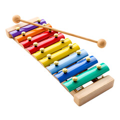 Fototapeta premium Colorful wooden xylophone musical instrument with two mallets isolated on transparent background