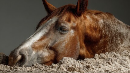 Horse resting peacefully in warm sand during an indoor setting at a stable