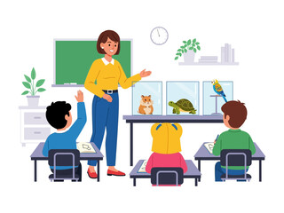 School Day Discovery: A warm classroom environment, where an enthusiastic teacher interacts with engaged students during a captivating lesson on various small animals.