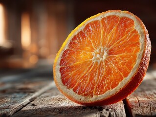 Juicy fresh orange half displaying vibrant color and detailed texture on rustic wooden surface