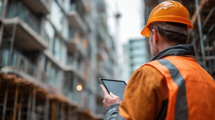Obraz premium Construction foreman wearing helmet and vest reviewing digital plans