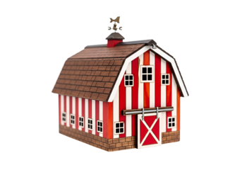 Colorful Red and White Toy Barn with Weather Vane and Detailing on Black Background