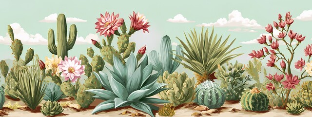 Fototapeta premium Beautiful Cactus Flower Illustration in Desert Landscape | Succulent and Botanical Art