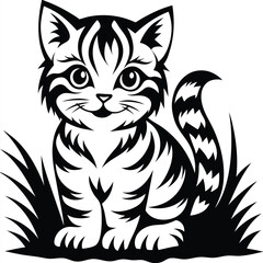 Cute Sitting Cartoon Kitten with Stripes on White Background