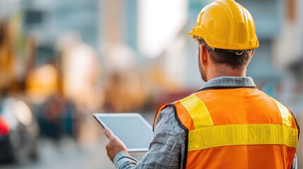 Construction worker in yellow safety helmet and orange vest using tablet to review digital building plans at construction site