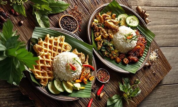 Two plates of nasi lemak with waffles