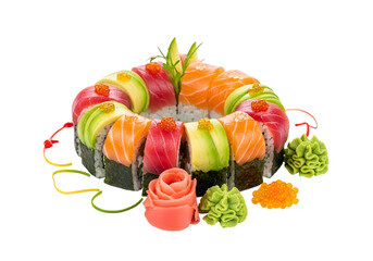 Colorful Sushi Roll Arrangement with Avocado Wasabi and Ginger Garnish