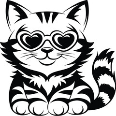 Adorable Cat Cartoon Wearing Heart Sunglasses Black and White