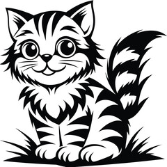 Cute Cartoon Striped Kitten Sitting Design in Black and White on White Background