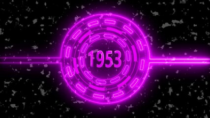 1953 text with screen effects of technological failures. Concept of counting years.  Abstract Futuristic Technology Background..