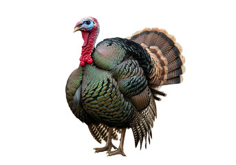 Colorful wild turkey with fanned tail and distinctive features on a black background